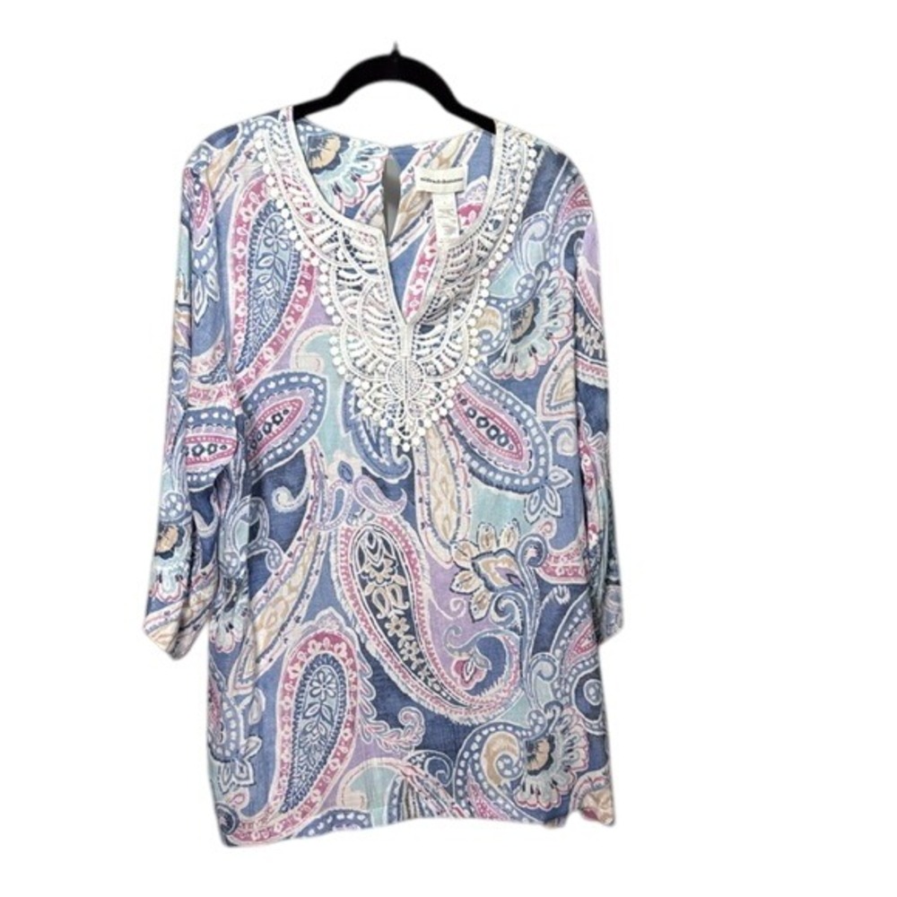 Alfred Dunner Paisley Print Top with Crochet Trim,‎ Blue Purple Womens Large
